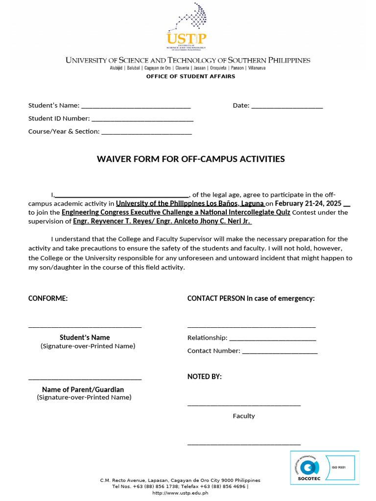 Off-Campus Activity Waiver Form | PDF