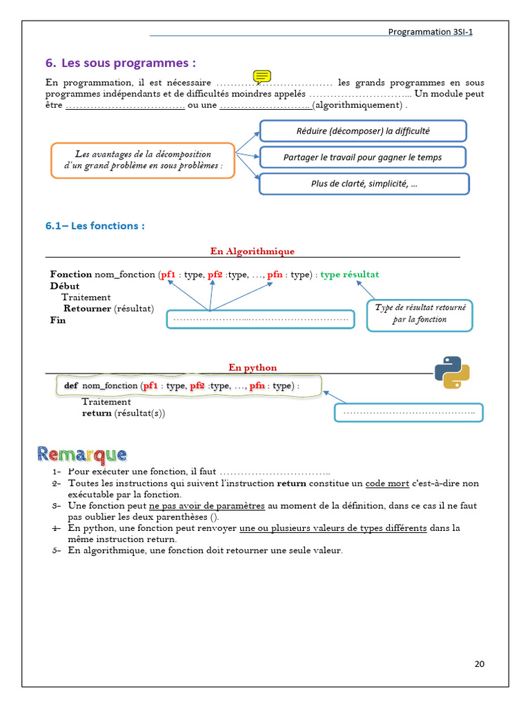 Sous-programmes en Python et Algorithmique | PDF | Programmation ...