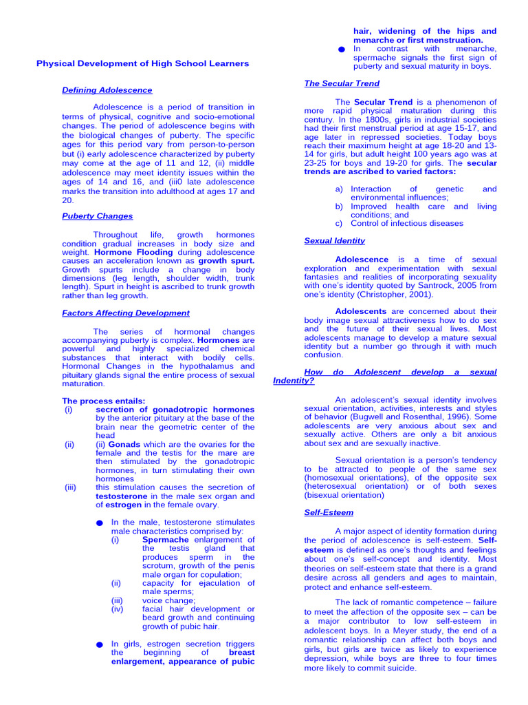 Physical Development of High School Learners | PDF | Adolescence | Puberty