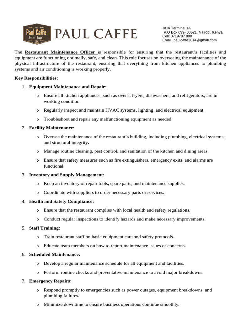 Restaurant Maintence Officer | PDF | Kitchen | Safety