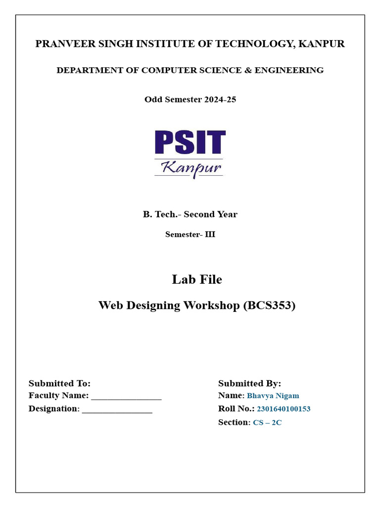 Web Designing Lab File - B.Tech 2024-25 | PDF | Engineering | Websites