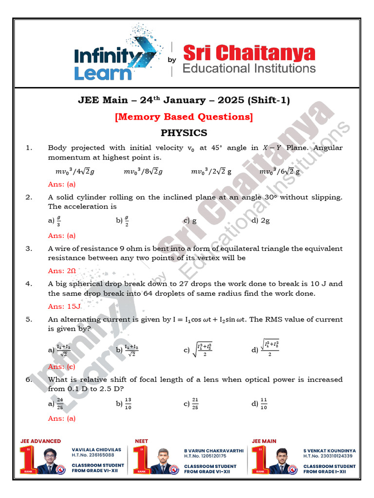 JEE Main 2025 Memory-Based Questions | PDF | Physics | Electromagnetism
