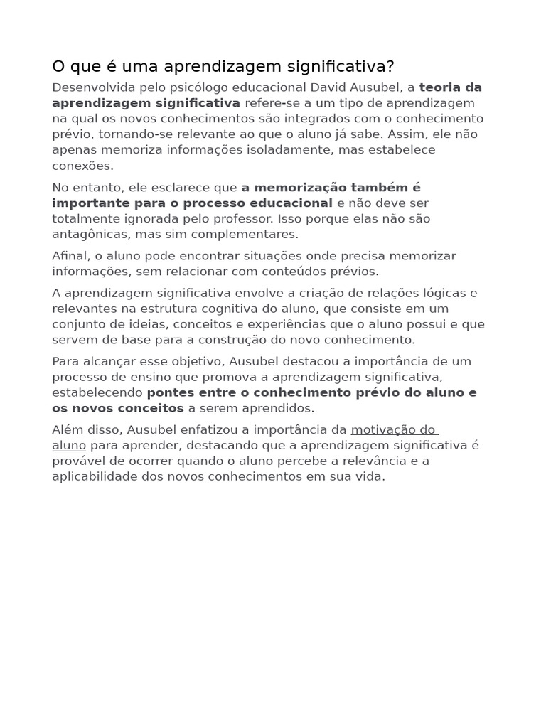 Aprendizagem Significativa: Teoria de Ausubel | PDF