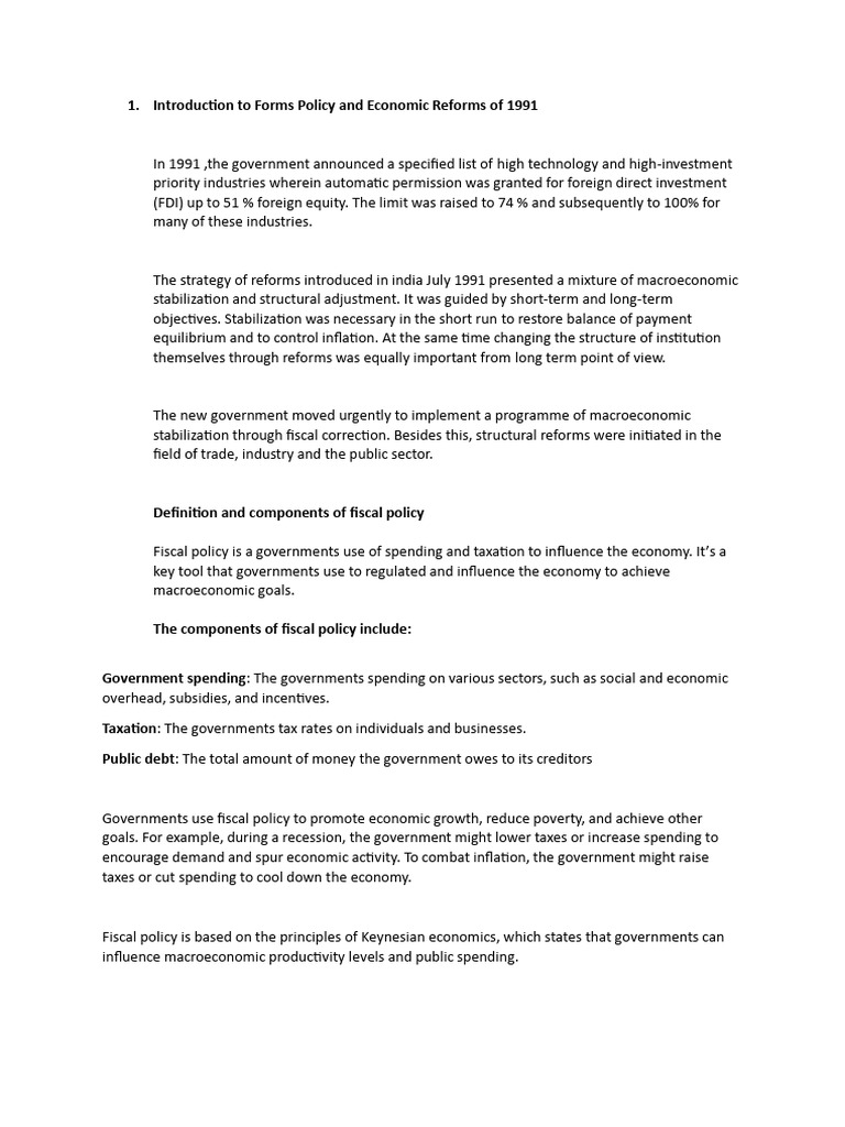 Intriduction to Fiscal Policy and Economic Reforms of 1991 | PDF ...