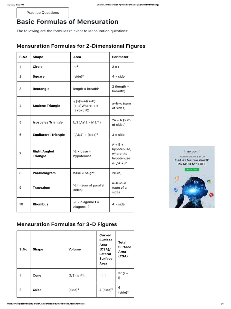 Mensuration Formulas for Aptitude Exam | PDF | Area | Triangle