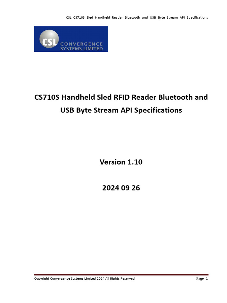 CS710S RFID Reader API Specs | PDF | Bluetooth | Data Transmission