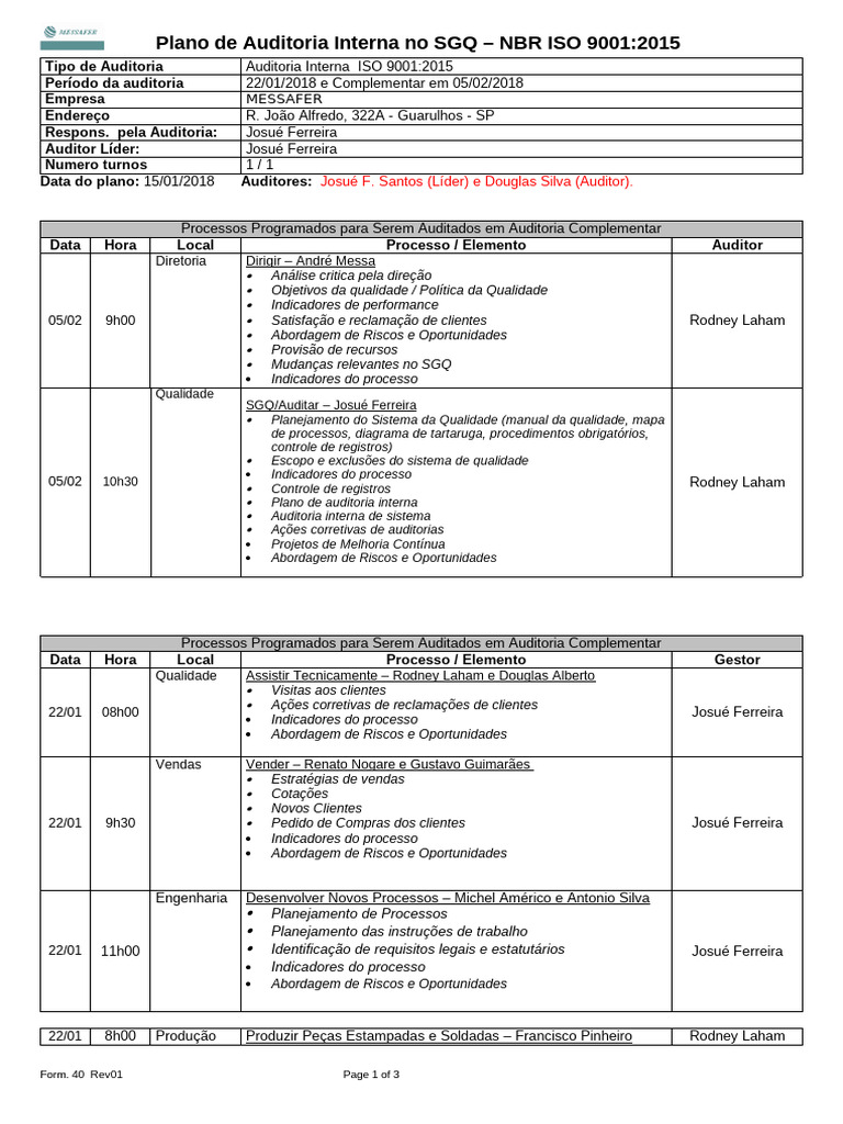 Plano de Auditoria Interna ISO 9001:2015 | PDF | Auditoria interna ...
