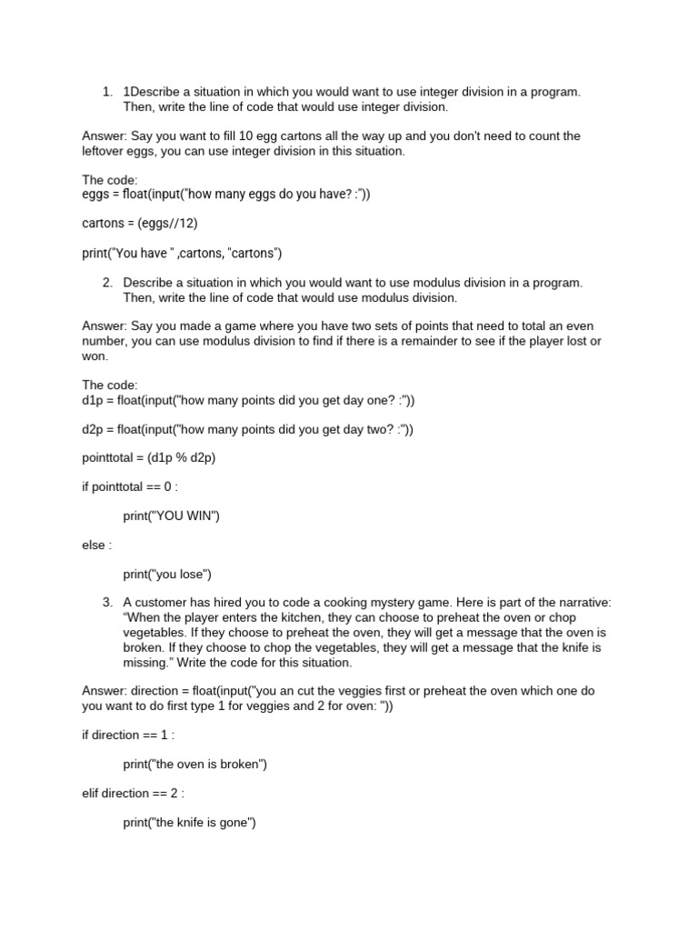 Integer and Modulus Division Examples | PDF | Computer Programming