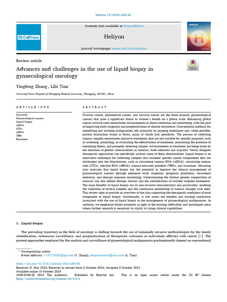Advances and Challenges in The Use of Liquid Biopsy in Gynaecolog ...
