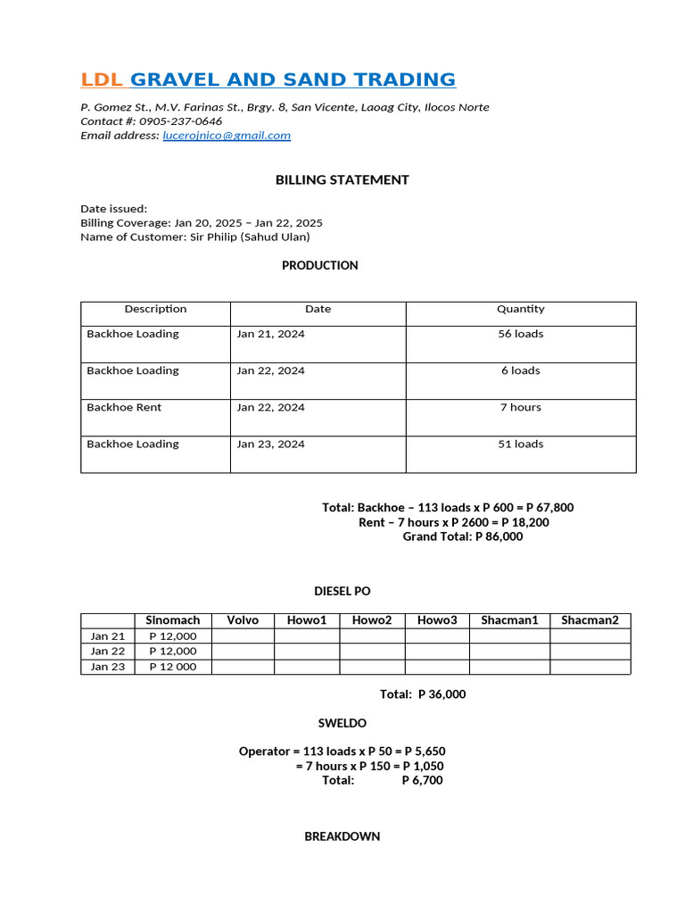 Gravel and Sand Trading Billing Statement | PDF