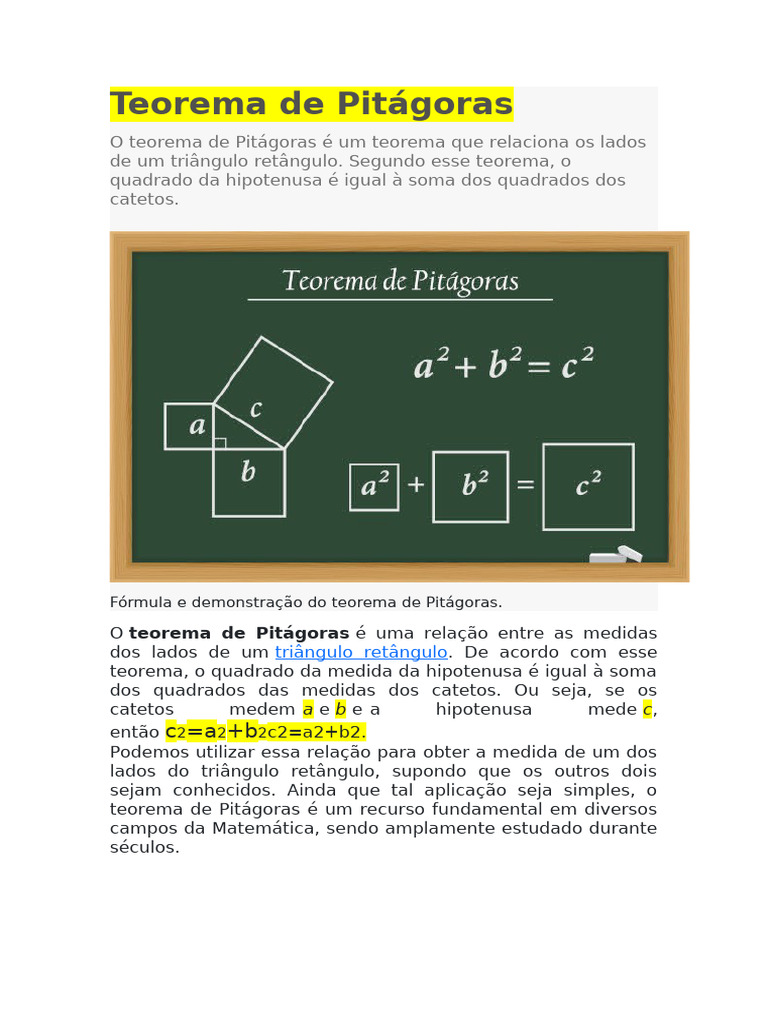 Teorema de Pitágoras: Definição e Aplicações | PDF | Triângulo | Pitágoras
