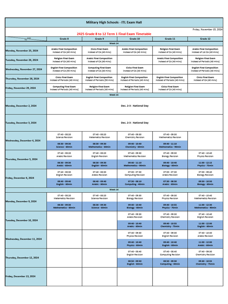 Grade 8-12 Final Exam Schedule | PDF