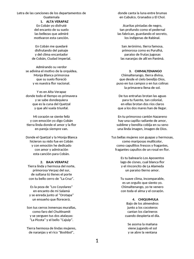 Letras de Canciones de Departamentos Guatemaltecos | PDF