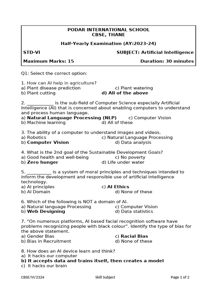 Class VI AI Half-Yearly Exam QP | PDF | Artificial Intelligence ...