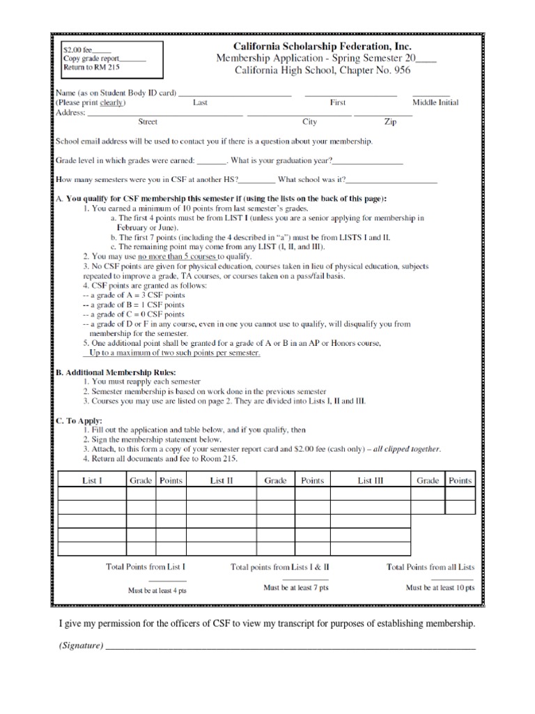 CSF Membership Transcript Permission Form | PDF