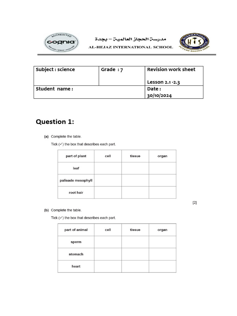 7th Grade Science Revision Worksheet | PDF
