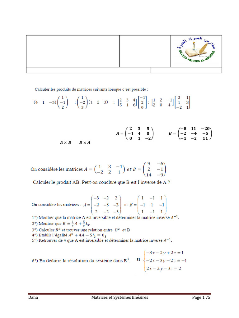 Matrices et Systèmes Linéaires - Exercices | PDF