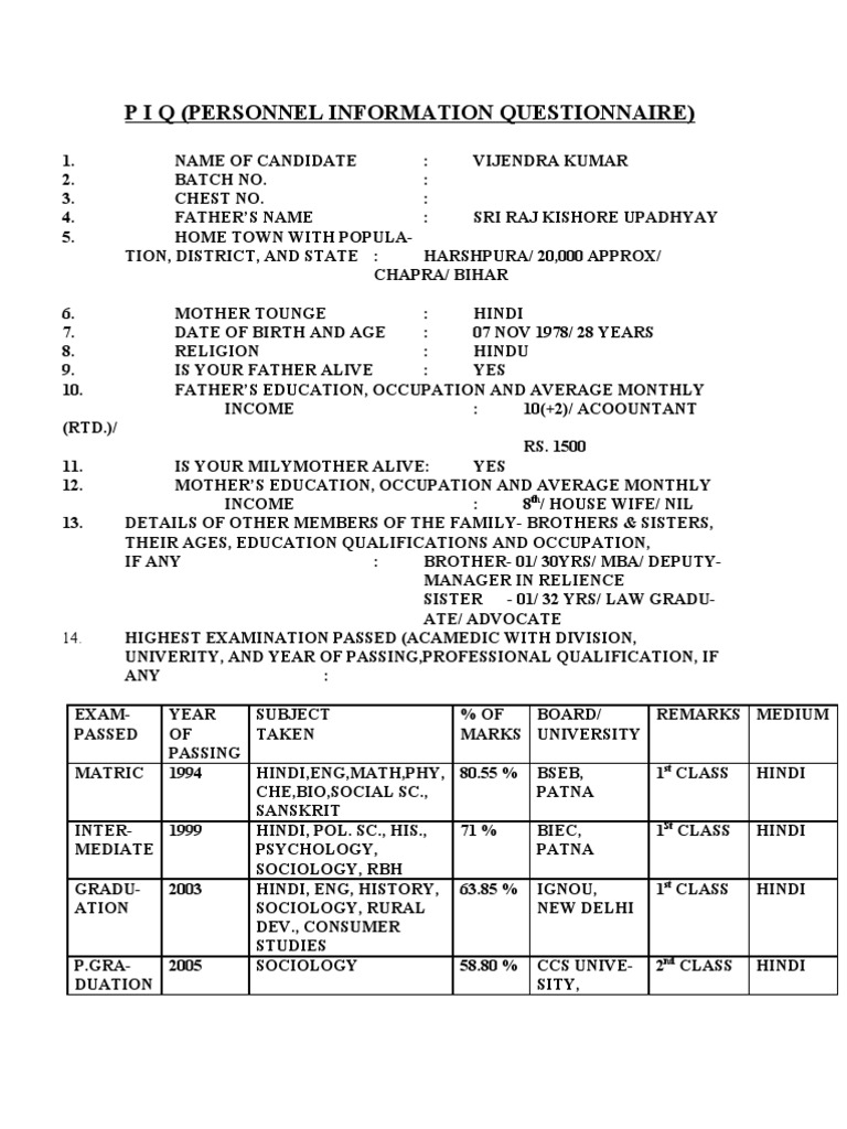 Personnel Information Questionnaire | PDF