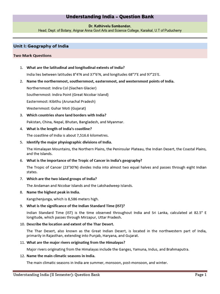 India Geography and History Question Bank | PDF | Himalayas | Economic ...