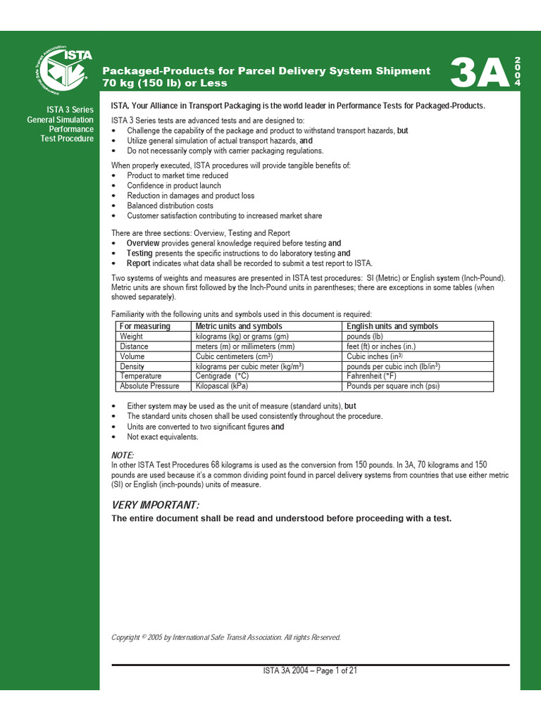 ISTA 3A Drop Test Procedures Overview | PDF | Pound (Mass) | Kilogram