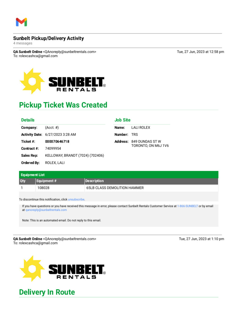Sunbelt Rentals Pickup and Delivery Update | PDF | Email | Computer ...