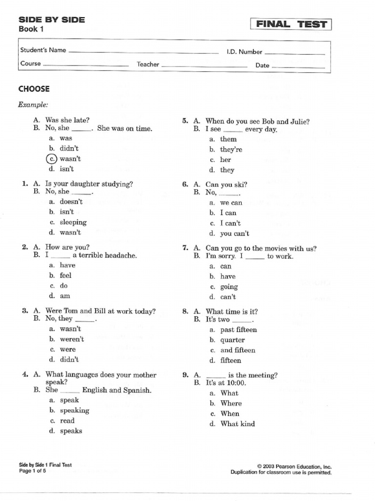 Side by Side 1 Tests, Chpt.17Final Test | PDF