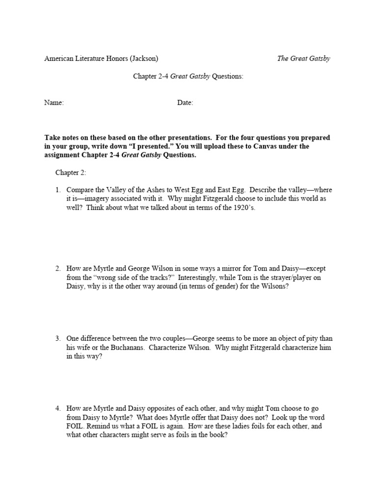 Chapter+2 4+Honors+GG+Qs+24 | PDF | The Great Gatsby
