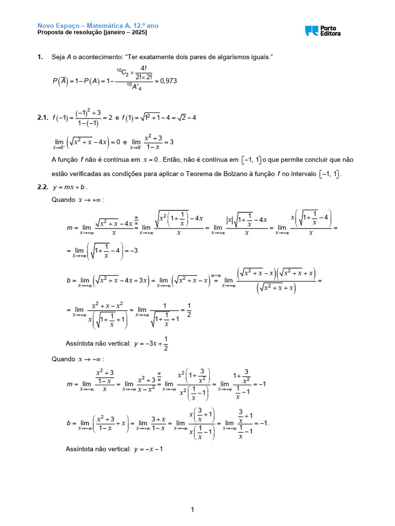Resolução de Matemática A - 12.º Ano | PDF | Função contínua | Funções ...