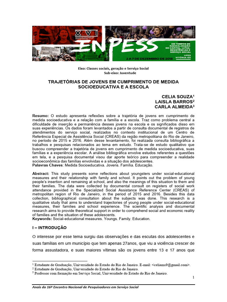 Trajetórias de Jovens em Medidas Socioeducativas | PDF | Sociologia ...
