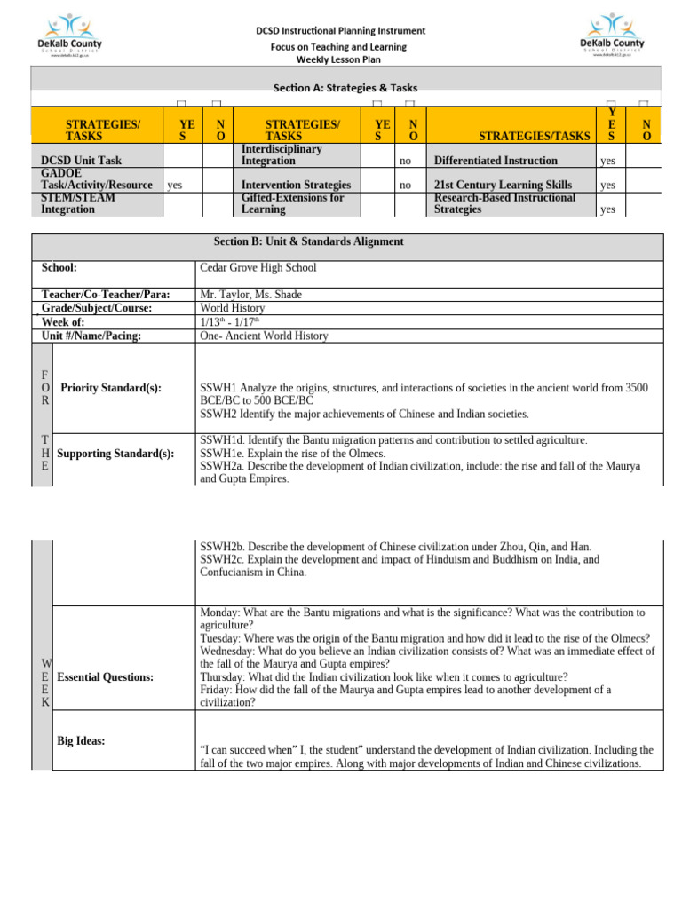 Weekly World History Lesson Plan | PDF | Ancient History | Cognition