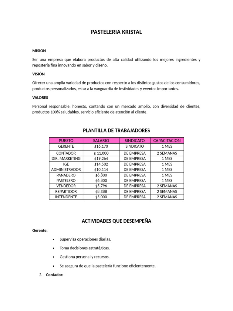Pastelería Kristal: Misión y Estructura | PDF | Business | Marketing