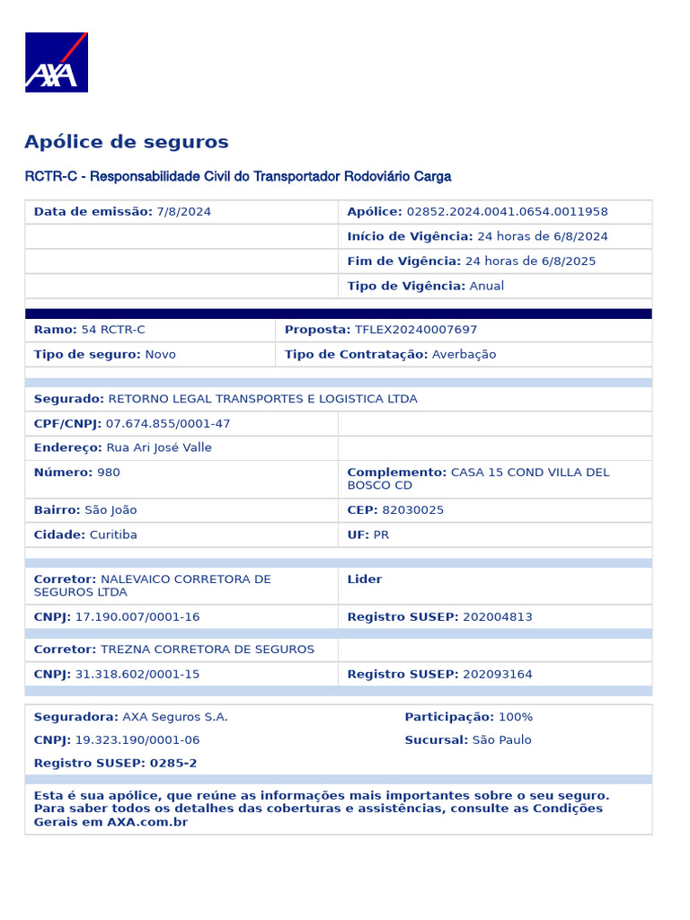 Apólice de Seguro RCTR-C 2024-2025 | PDF | Seguro | Indenização