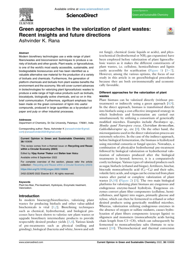 Green Approaches in The Valorization of Plant Wastes Recent Insights ...