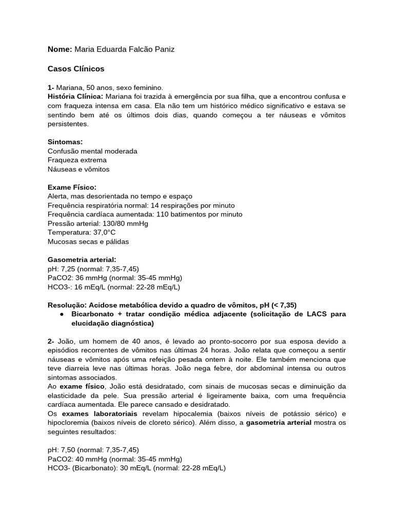Casos Clínicos de Acidose e Alcalose | PDF | Doença de obstrução ...