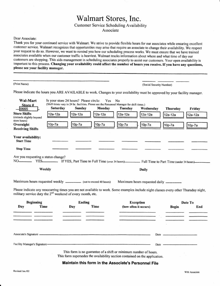 Printable Walmart Availability Form Printable Forms Free Online