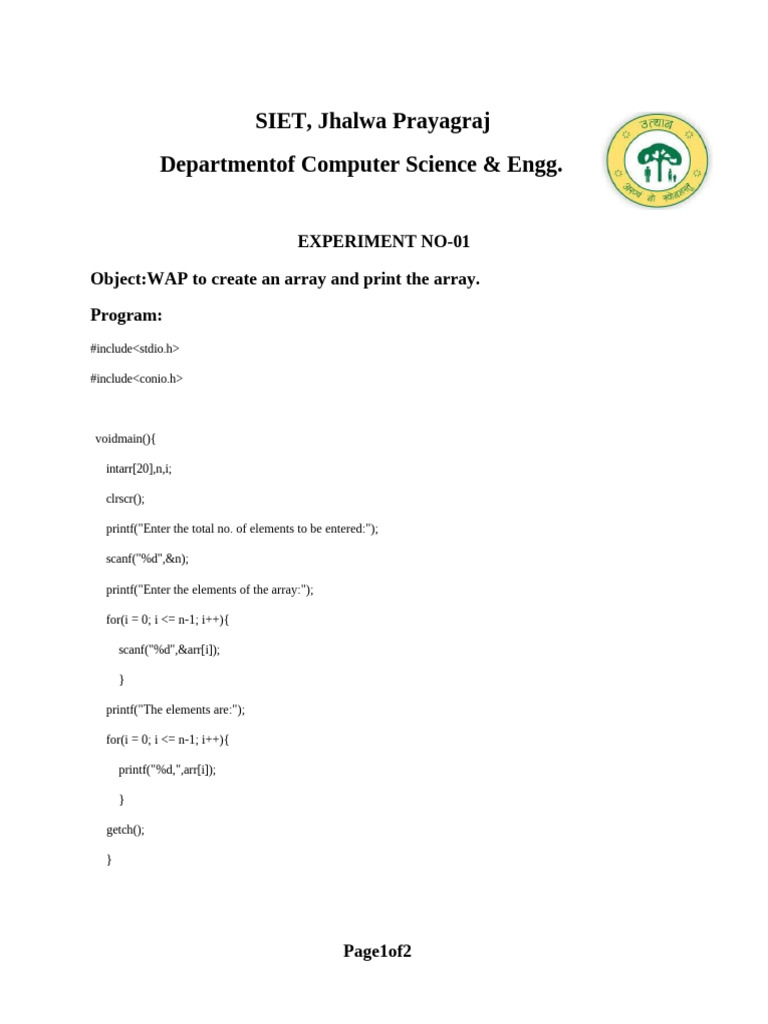 Array Creation and Printing in C | PDF