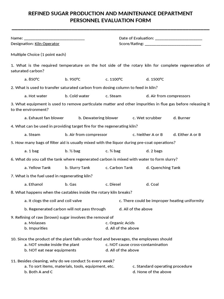 Kiln Operator Evaluation Form | PDF | Energy Technology | Industrial ...