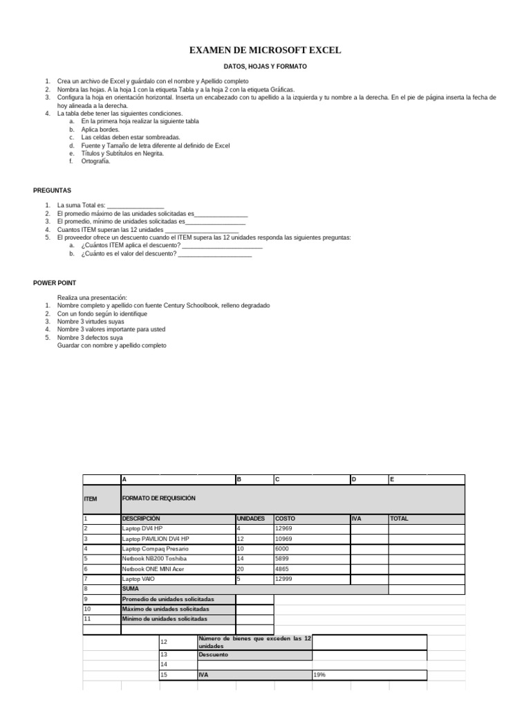 Examen de Microsoft Excel y PowerPoint | PDF | Microsoft Excel ...