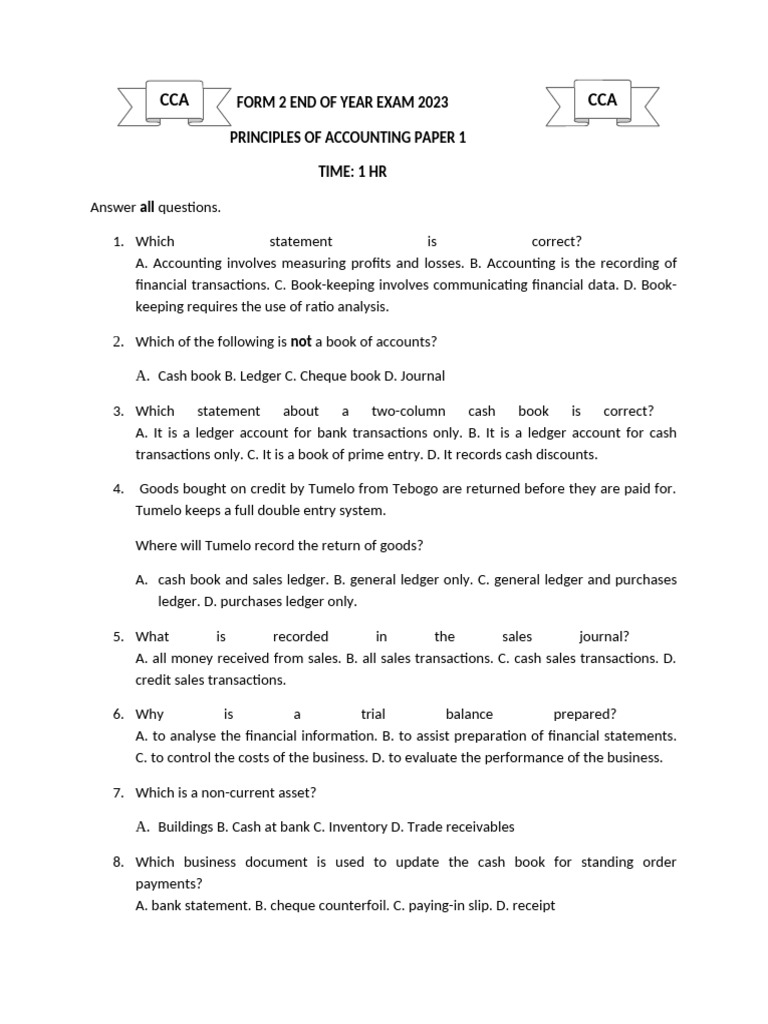2023 Accounting Principles Exam Paper | PDF | Debits And Credits ...