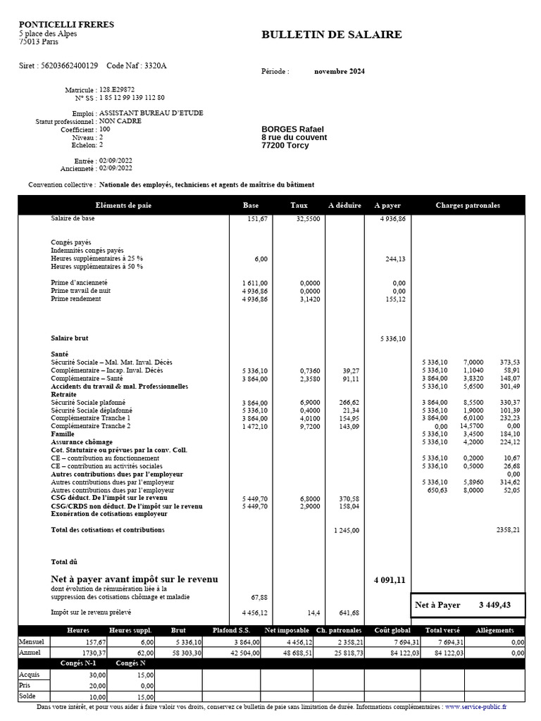 Bulletin de salaire novembre 2024 | PDF | Impôt sur le revenu ...