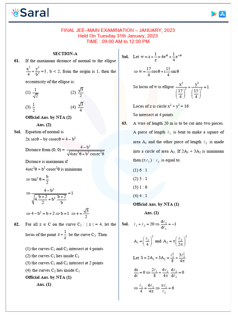 JEE Main January 2023 Exam Solutions | PDF | Mathematical Analysis ...