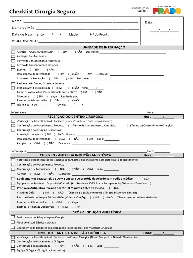 Checklist para Cirurgia Segura | PDF | Anestesia | Doenças e distúrbios