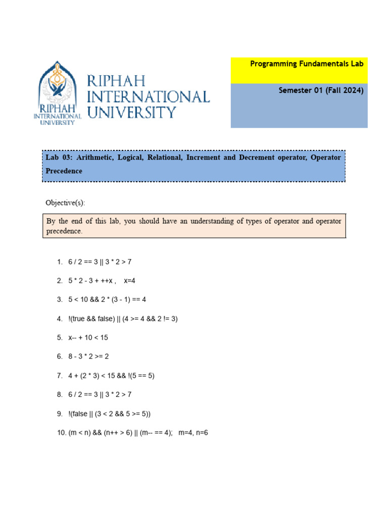 Operators and Precedence Lab Guide | PDF