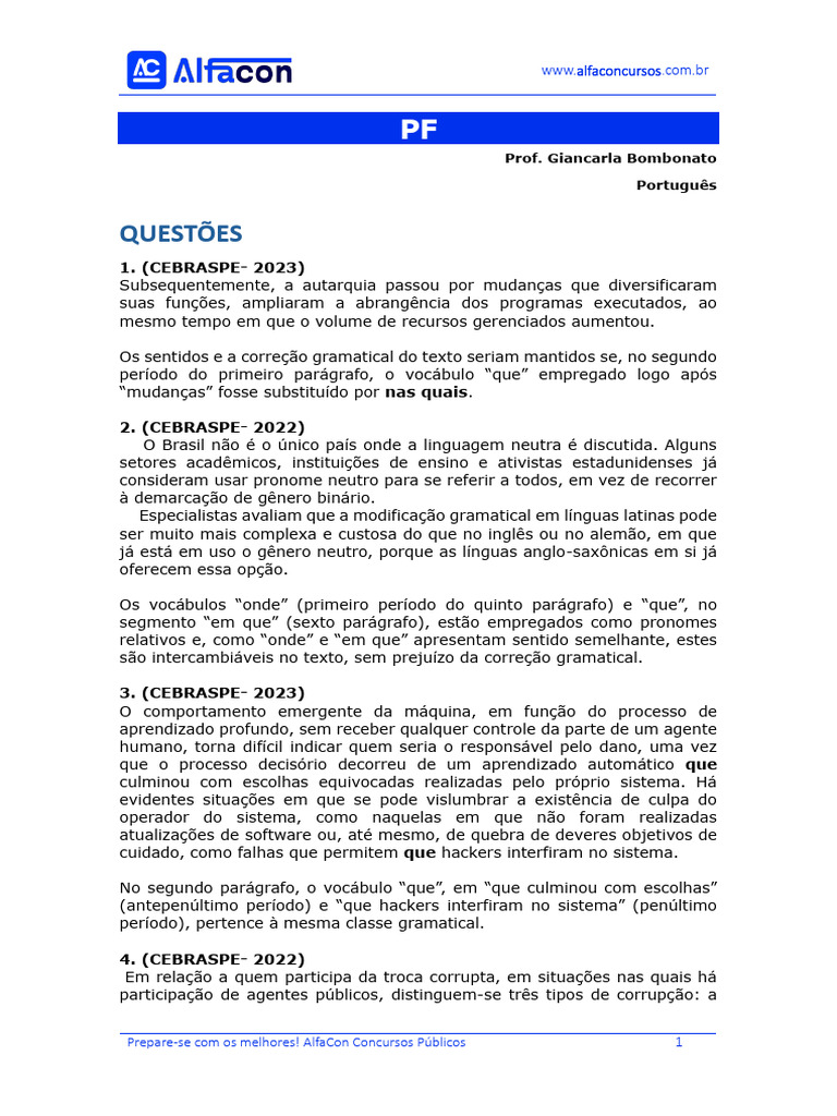 Questões de Português para Concursos 2023 | PDF | Corrupção | Pronome