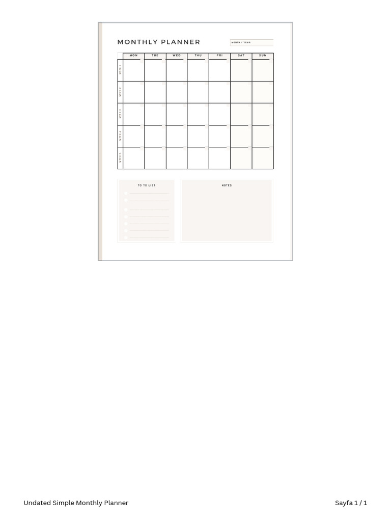 Undated Simple Monthly Planner | PDF