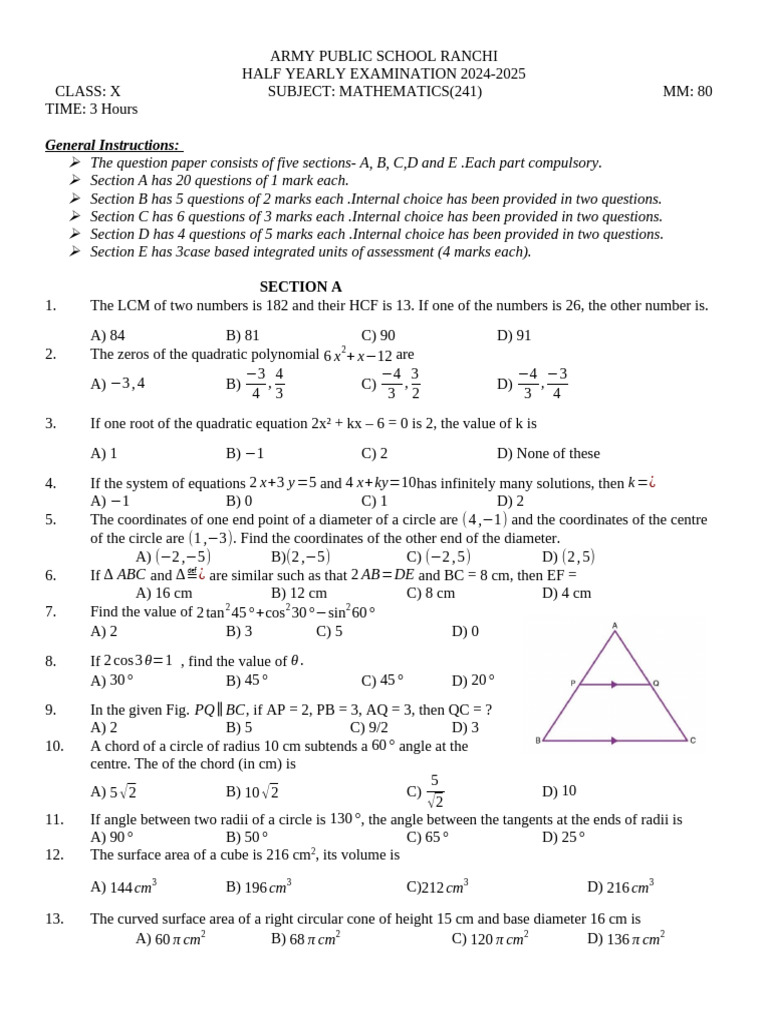 Class X Mathematics Half-Yearly Exam 2024-25 | PDF | Cartesian ...