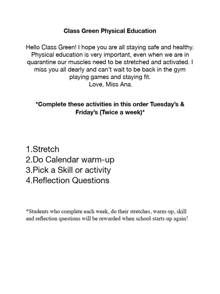 PE Packet for Class Green Activities | PDF | Physical Exercise