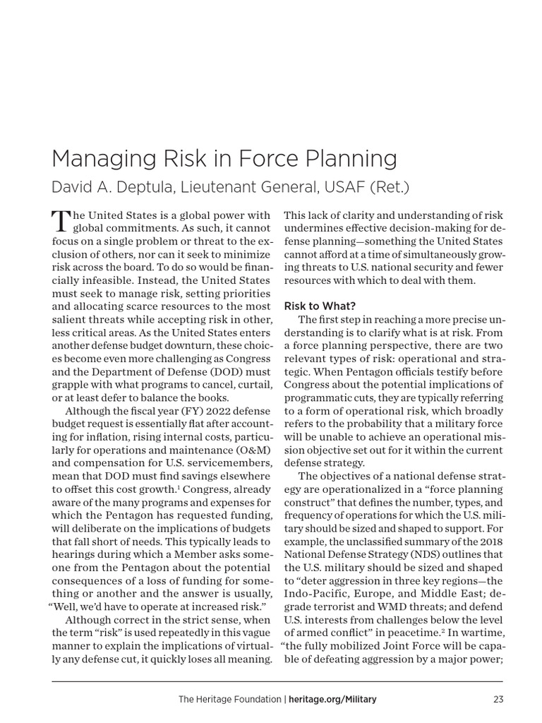 Managing Risk in U.S. Military Planning | PDF | Risk | United States ...