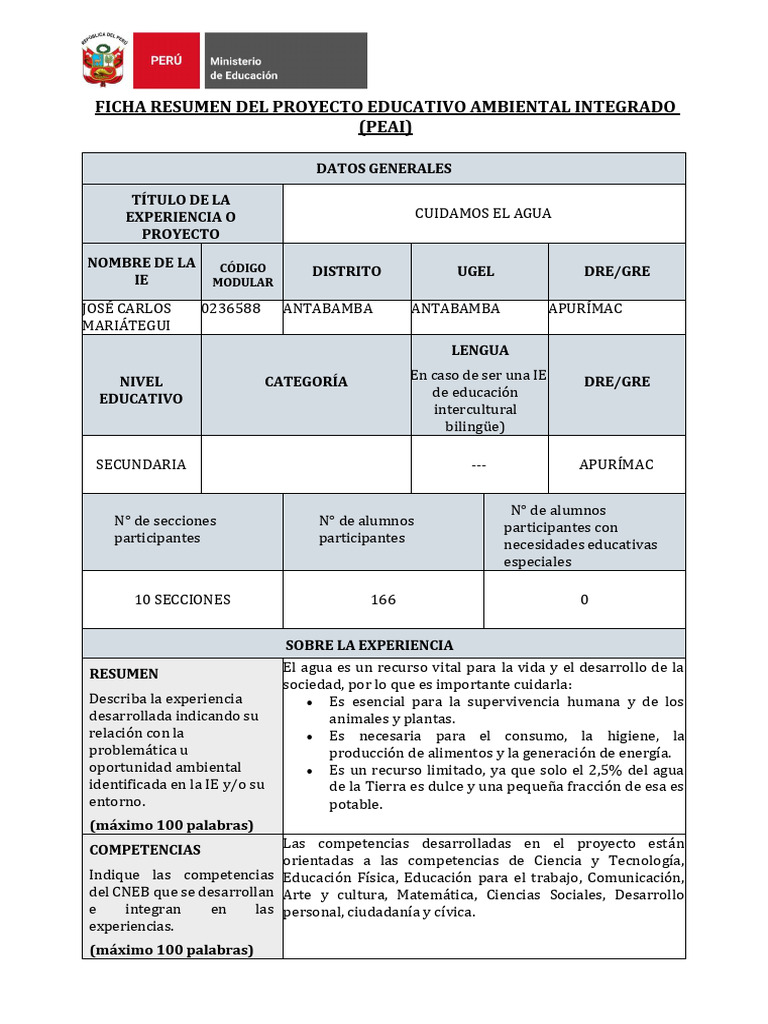 Ficha Resumen Del Proyecto Educativo Ambiental Integrado | PDF | Agua ...