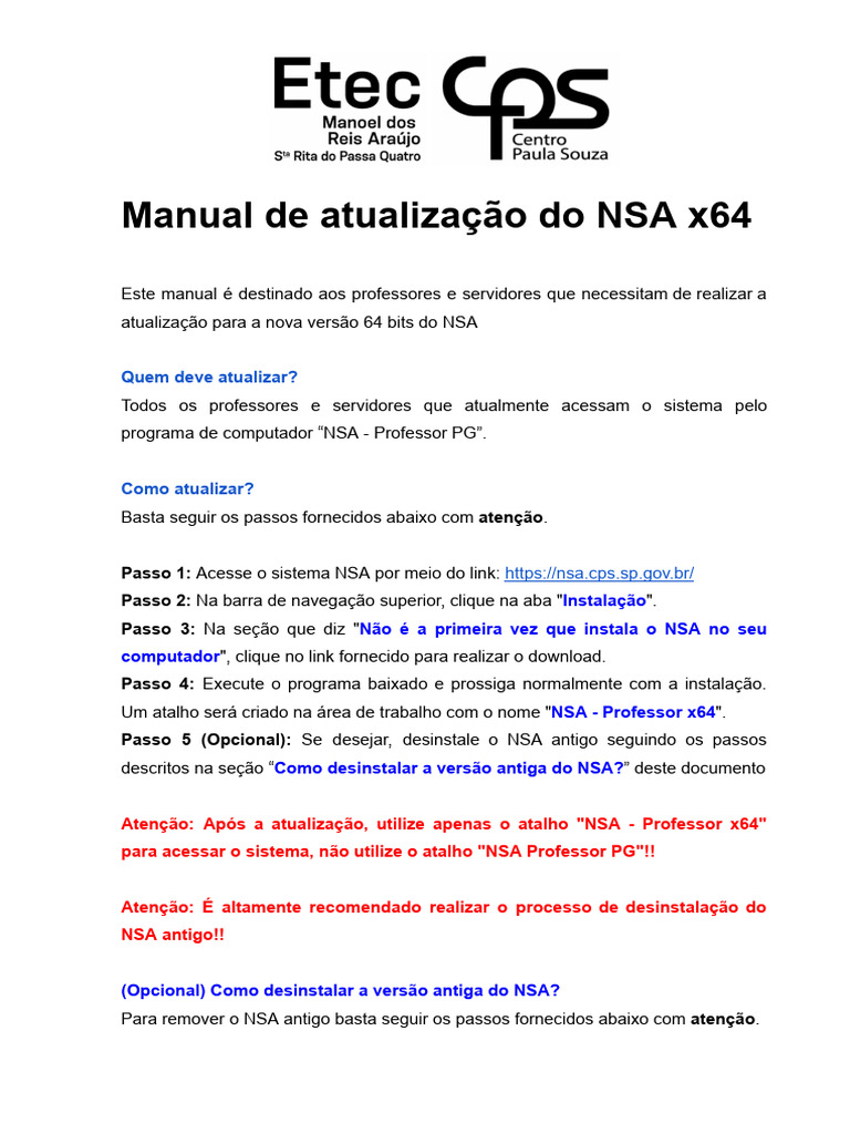 Atualização do NSA x64 para Professores | PDF
